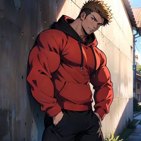 ((arte estilo anime)), imagem superior, angulo de cima para baixo, personagem masculino extremamente musculoso, corpo de bodybui...