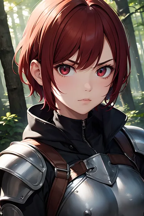 1girl, red short hair, medieval armor, serious face, red eyes, background forest, portrait