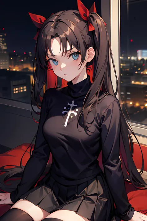 (masterpiece), best quality, expressive eyes, perfect face, 1girl, solo, rintohsaka, rin tohsaka, aqua eyes, black hair, hair ribbon, long hair, ribbon, sidelocks, two side up, black skirt, black thighhighs, long sleeves, miniskirt, pleated skirt, ((red sw...