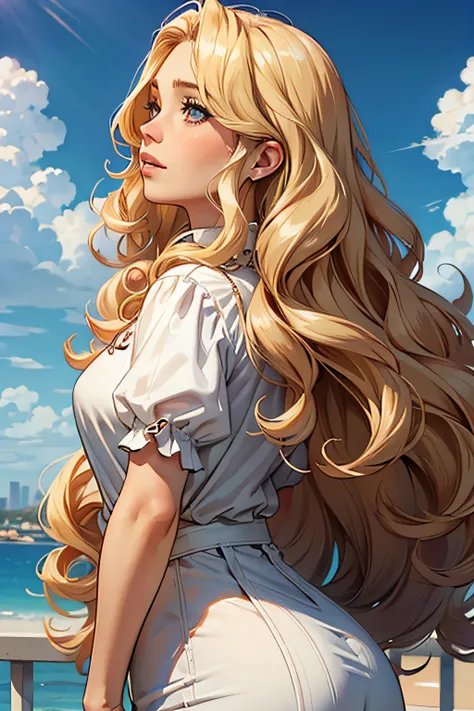 woman, blonde curly hair, long hair, looking at the sky.