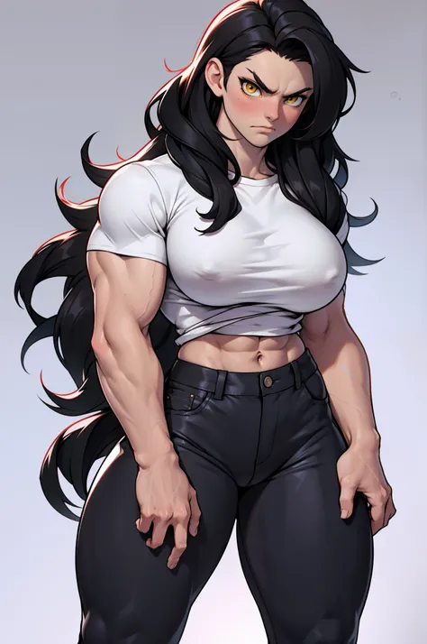 ((1 girl)), extremely long hair, solo, ((muscular)), veins, black hair, yellow eyes, blushing, (thick thighs), pale skin, strong, veins, abs, big thighs, (huge breasts), navel, standing, angry, tight pants, tight shirt