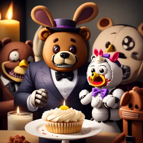 create a Five nights at Freddy’s horror movie poster titled Five Nights. Create a picture of a gory, large brown animatronic bear with a black bow tie and a small tophat and a purple animatronic rabbit wearing a red bow tie and a yellow animatronic chicken...