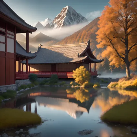 Produce visually stunning resolution masterpiece images from it "Ancient Chinese and modern architecture" It stands majestically in the ethereal mist, Surrounded by towering mountain peaks. Dawn casts warmth, The golden glow of ancient ginkgo biloba in the...