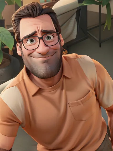 Jon Hamm, Cartoons in orange shirt and black pants, arms crossed, olhando para frente e sorrindo com os dentes aparecendo;