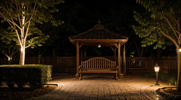 Colonial style square with wooden bench night lighting