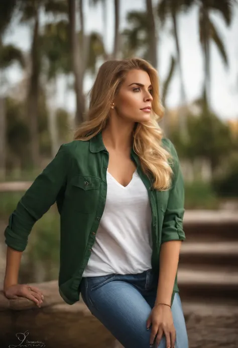 Mujer rubia con ojos verdes y una camisa blanca y jeans, muy sexy, joven, piernas largas, joven rubia, cabello rubio y ojos grandes, Young woman about 24 years old. influencia, latina, fondo parque.