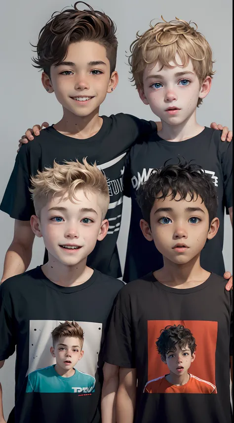 A imagem mostra dois jovens homens posando juntos para uma foto. Theyre facing the camera, with their faces clearly visible. Both boys have dark eyes, com o menino de destaque possuindo olhos mais escuros. The prominent boys mouth is slightly open, enquant...