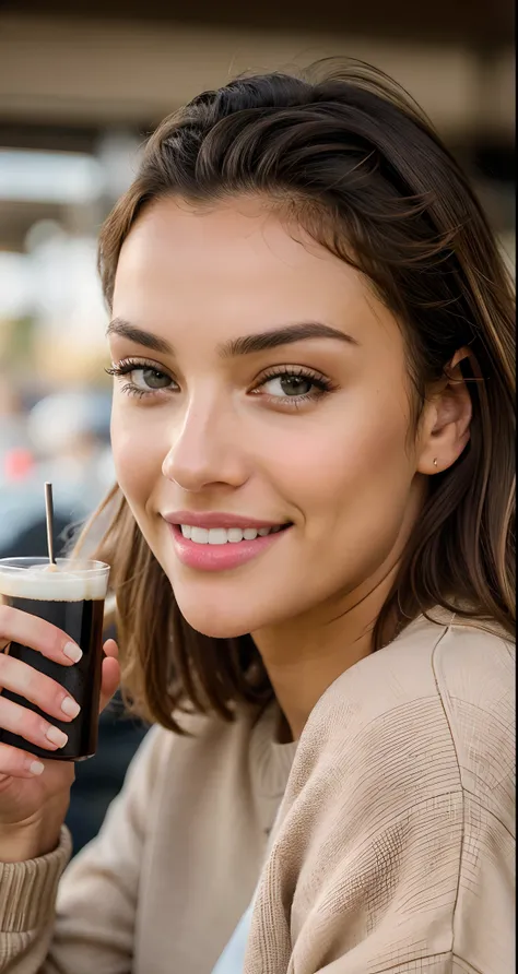 Beautiful brunette with blonde highlights wearing a beige sweater (in a café drinking soda), Very detailed, 22 anos, Rosto inocente, cabelos ondulados naturais, olhos azuis, high resolution, master part, best quality, Alto detalhe intrincado, altamente det...