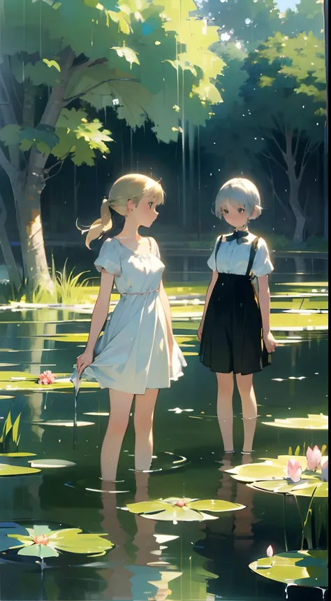 In Claude Monet style, Impressionism, (2girls), white camisole, 14 years old, one girl is short silver hair, one girl is blond pony tail, pond, ((wet)) curtsey