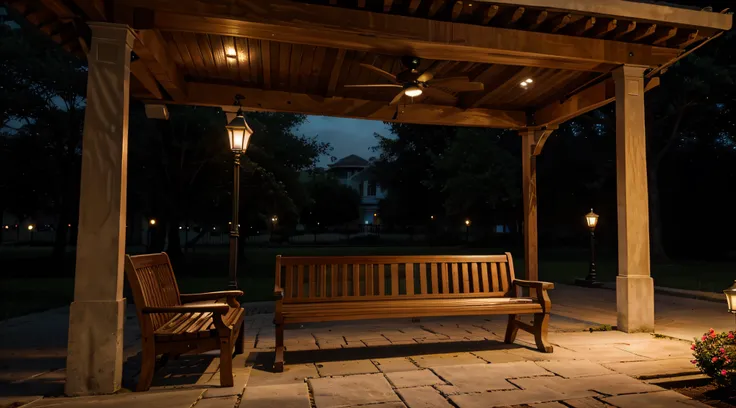 Colonial-style plaza with wooden bench night lighting