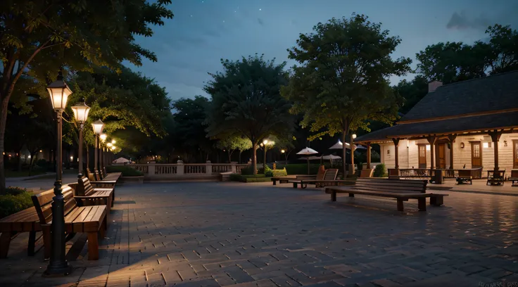 Colonial-style plaza with wooden bench night lighting