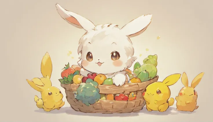 Little rabbit delivering food，white fluff，large ear，The basket was filled with fruits and vegetables，anthropomorphic turtle，white backgrounid，Cute cartoon，Logo design