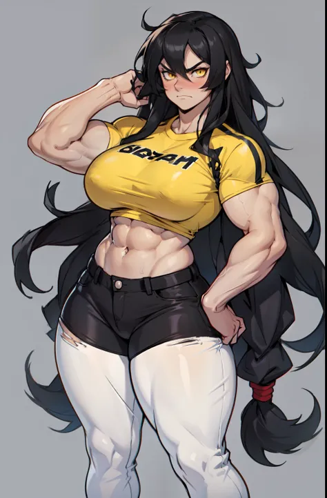 ((1 girl)), extremely long hair, solo, ((muscular)), veins, black hair, yellow eyes, blushing, (thick thighs), pale skin, strong, veins, abs, big thighs, (huge breasts), navel, standing, angry, tight pants, tight shirt