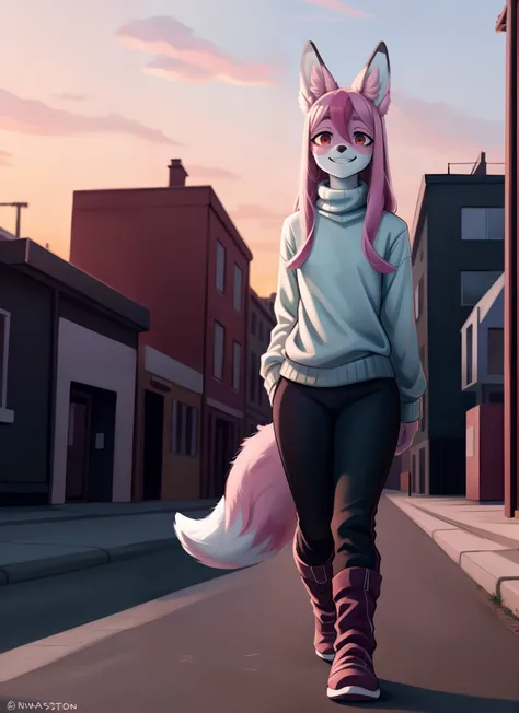 Solo:1.4, Nazuna_hiwatashi, furry, furry fox female, white skin, (high quality), medium breasts, tail, smile, red eyes, outside,  pink hair, multicolored hair, by sincastermon , wearing green turtle neck sweater, black yoga pants, brown ugg boots, walking ...