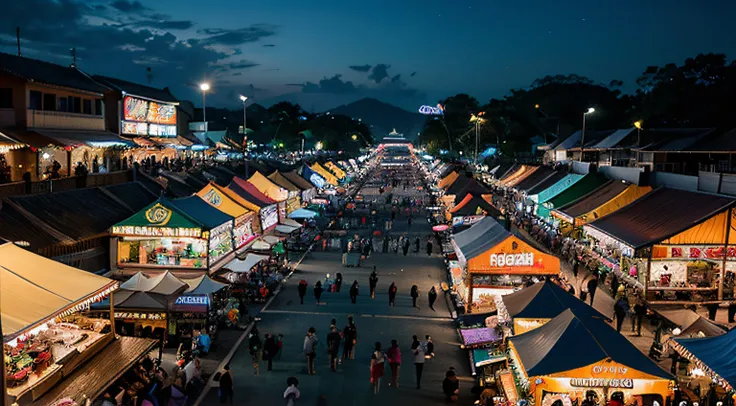 a hyper realistic photography of the an aerial view of Night Markets in Langkawi in Langkawi, no people, Nikon D850 DSLR 4k camera, 100mm lens, F 1.2 aperture setting, bright and natural lighting, vibrant, fun and relaxing atmosphere