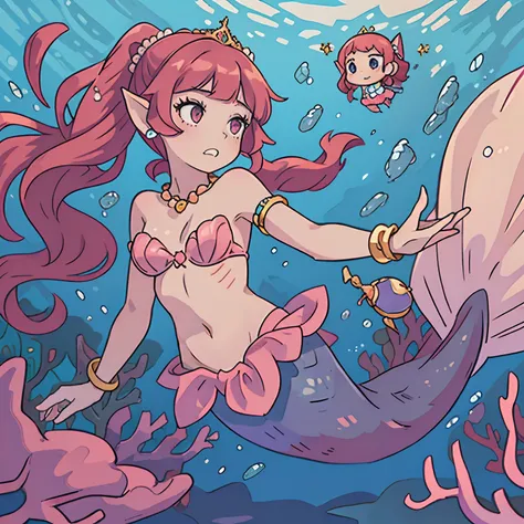 Pretty 15 years old princess magically transformed into a beautiful mermaid, race swap, none human, fish like, long mermaid tail below waistline, pointy ears, red fish scales on skin, drawn in anime style, very long pigtails red hair, sharp teeth, pink eye...