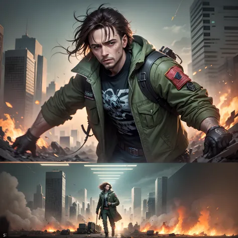 1hombre, Pelo corto((John Connor)), futuristic, Leader of the Resistance, dystopian cityscape, Ambiente oscuro y arenoso, intense action scene, Iconic Army Green Jacket, Red handkerchief on arm, Cicatriz en la cara cerca del ojo , epic battle, Explosiones,...