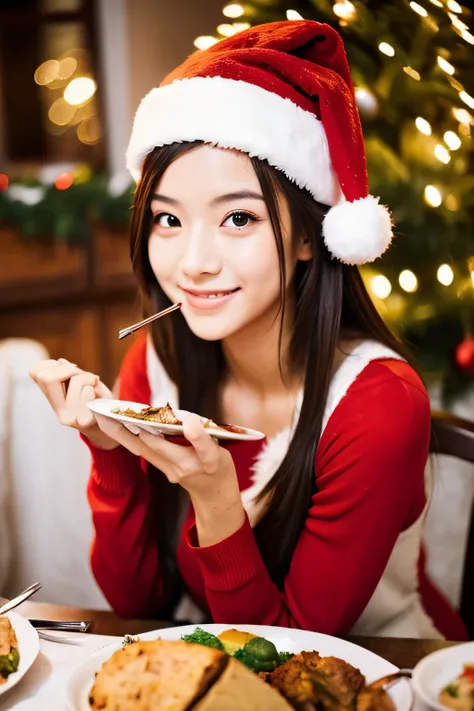 A beautiful girl is enjoying a Christmas dinner.