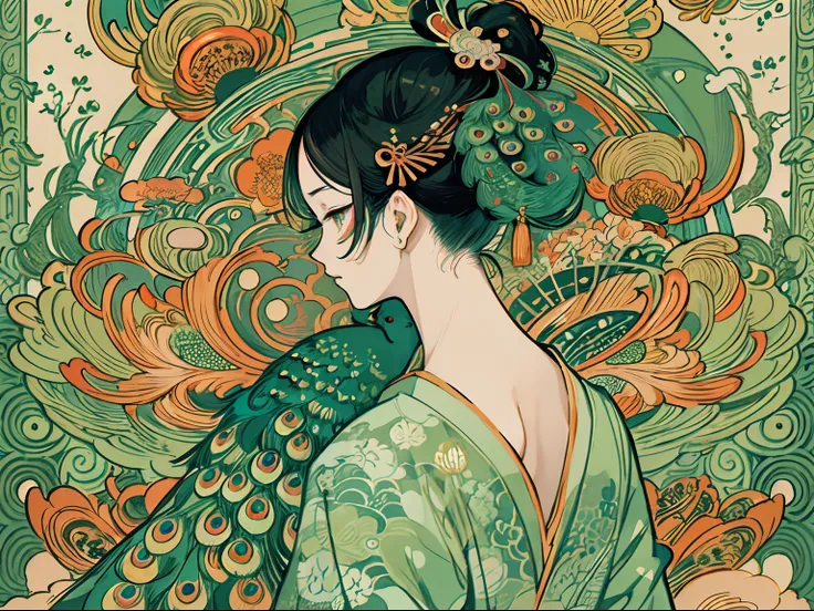 Close-up of a stamp with a peacock, inspired by Nōami, Japanese inspired poster, japan poster, oriental art nouveau, victo ngai style, an illustration of inspired by Victo Ngai, ( ( victo ngai ) ), inspired by Sōami, illustrated poster, illustration!, artw...