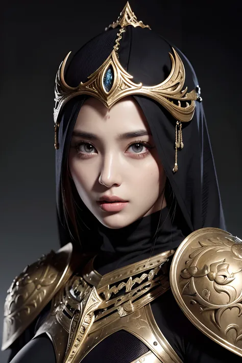 model shoot, (1 woman 30 years old), Islamic warrior, hyper realistic, super detailed, Dynamic shot, masterpiece, scene sharp détails, perfect eyes, perfect skin, perfect hands, fierce leader, battle field, headpiece