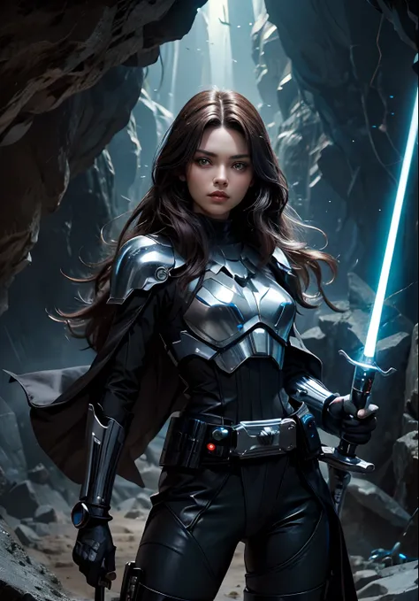 Upper body close-up image.A beautiful woman with a lightsaber stands in a spacious cave. Dark brown hair. long hair.She wears a black metallic battle uniform. There is something on the waist that reminds me of Kamen Riders transformation belt. 8K image qua...