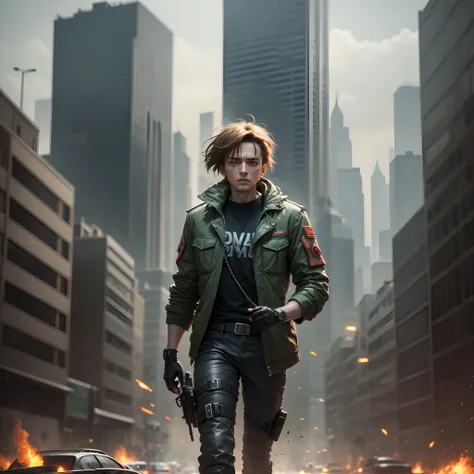 1hombre, Pelo corto((John Connor)), futuristic, Leader of the Resistance, dystopian cityscape, Ambiente oscuro y arenoso, intense action scene, Iconic Army Green Jacket, Red handkerchief on arm, Cicatriz en la cara cerca del ojo , epic battle, Explosiones,...