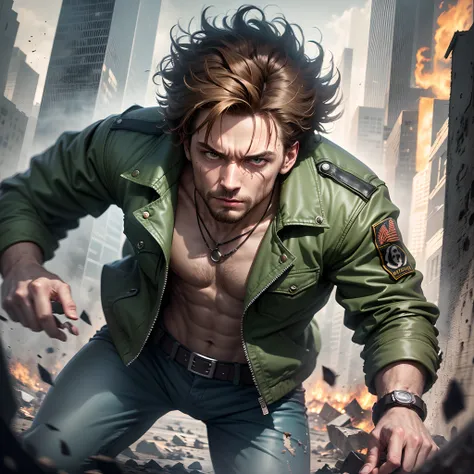 1hombre, Pelo corto((John Connor)), futuristic, Leader of the Resistance, dystopian cityscape, Ambiente oscuro y arenoso, intense action scene, Iconic Army Green Jacket, Red handkerchief on arm, Cicatriz en la cara cerca del ojo , epic battle, Explosiones,...