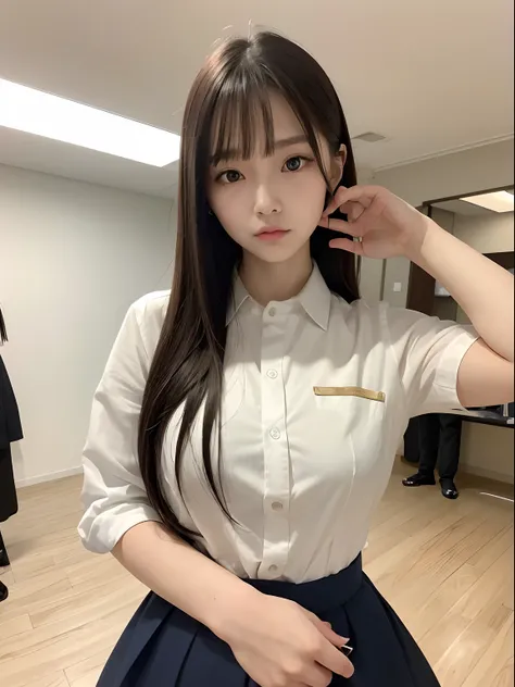 (Best Quality, Ultra-detailed, Golden ratio, masutepiece:1.2), theatrical lighting:0.7, Photo of 18-year-old Riga Hyun Korean woman in uniform,Female Lesbian, face perfect, (highlydetailed skin), Randomly colored hair, Hide your mouth with your hands、Ridic...