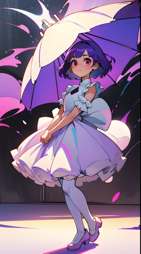 1girl, short purple hair, better shadows, better light, better facial detail, red eyes, white puffy dress, black tights, white shoes, full-length.