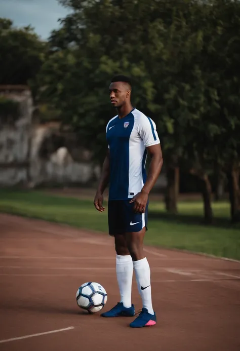 homem alto branco, de camisa azul marinho e short preto com chuteira da Nike rosa e meias brancas, numa quadra de futebol society pisando na bola posando pra foto