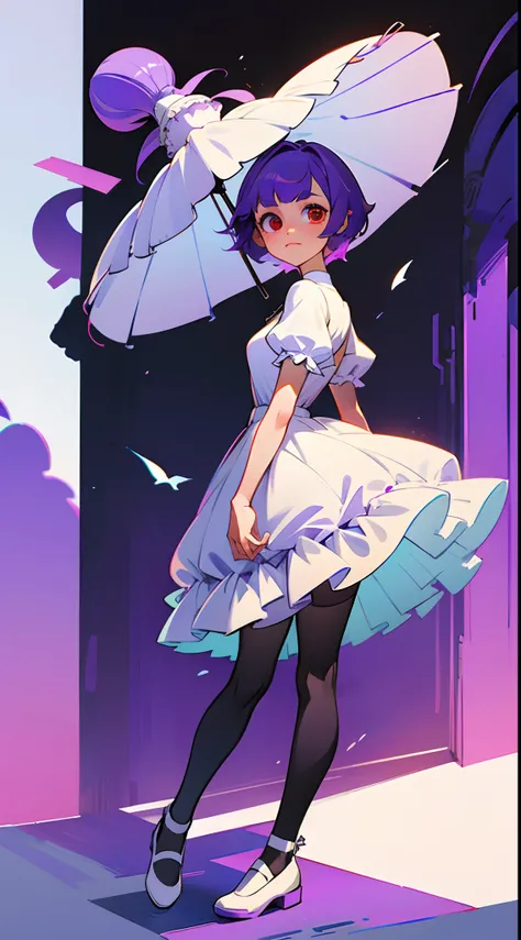 1girl, short purple hair, better shadows, better light, better facial detail, red eyes, white puffy dress, black tights, white shoes, full-length.