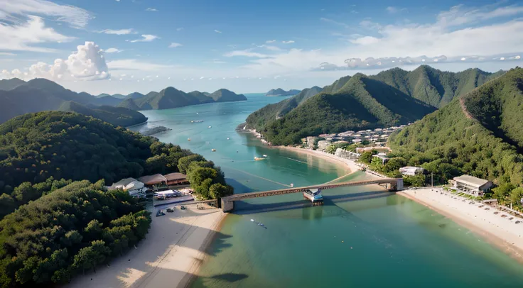 a hyper realistic photography of the an aerial view of the Burau Bay Beach in Langkawi in Langkawi, no people, Nikon D850 DSLR 4k camera, 100mm lens, F 1.2 aperture setting, bright and natural lighting, vibrant, fun and relaxing atmosphere