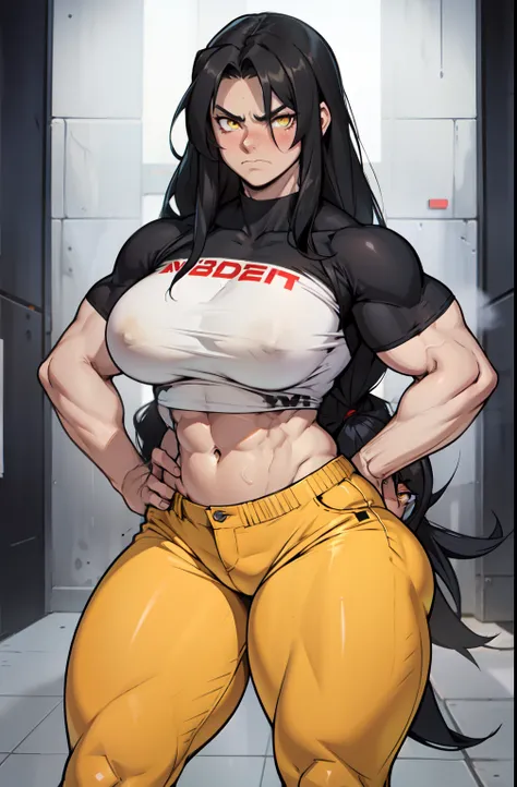 ((1 girl)), extremely long hair, solo, ((muscular)), veins, black hair, yellow eyes, blushing, (thick thighs), pale skin, strong, veins, abs, big thighs, (huge breasts), navel, standing, angry, tight pants, tight shirt