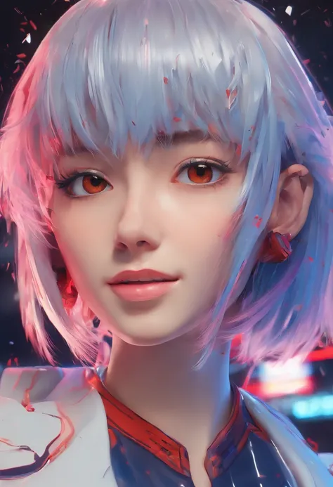 masterpiece portrait of smiling Rei Ayanami (Evangelion), Evangelion (Hideaki), Caustics, high-resolution illustrations, Red eyes, Feminine, No Pupil, Blue hair,  Short hair, Slip dress, Loafer shoes, Svipunk, synthetic wave, paint splatter, shaded flat il...