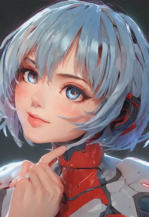 masterpiece portrait of smiling Rei Ayanami (Evangelion), Evangelion (Hideaki), Caustics, high-resolution illustrations, Red eyes, Feminine, No Pupil, Blue hair,  Short hair, Slip dress, Loafer shoes, Svipunk, synthetic wave, paint splatter, shaded flat il...