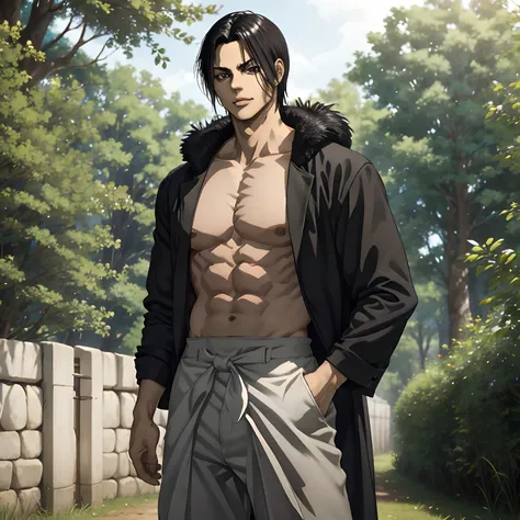 Muscular Male, buff, Toji Fushigoro, Fushigoro, Toji, Fushigoro Toji, powerful, shirtless, standing in a forest, clinging onto a tree, smiling, murderous intent, pure white eyes, no pupil, no pupils, buff, strong, long black pants, no shoes, sharp fingerna...