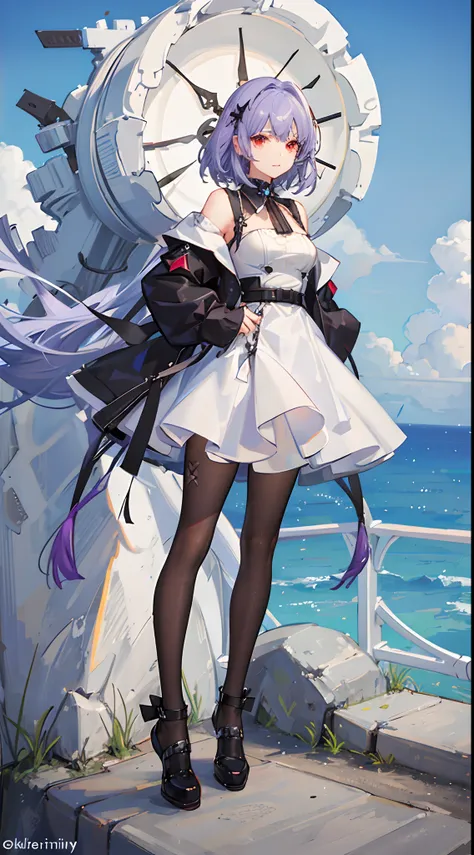 1girl, short purple hair, better shadows, better light, better facial detail, red eyes, white puffy dress, black tights, white shoes, full-length, blue sky and sea on the background.