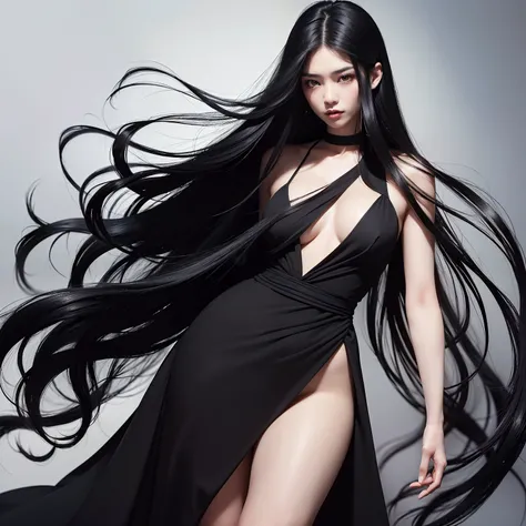 (Top image quality、top-quality、Top resolution、hyper realistic photography、Full body photo、​masterpiece、16ｋ、）1girl in、Surprisingly long black hair is super beautiful、hair length about 3 meters、White underwear or naked、Hide the whole body with straight black...