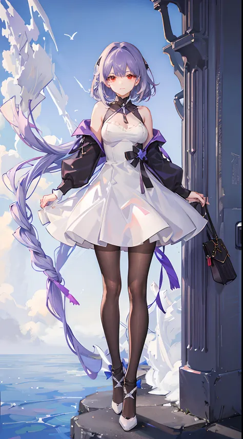 1girl, short purple hair, better shadows, better light, better facial detail, red eyes, white puffy dress, black tights, white shoes, full-length, blue sky and sea on the background.