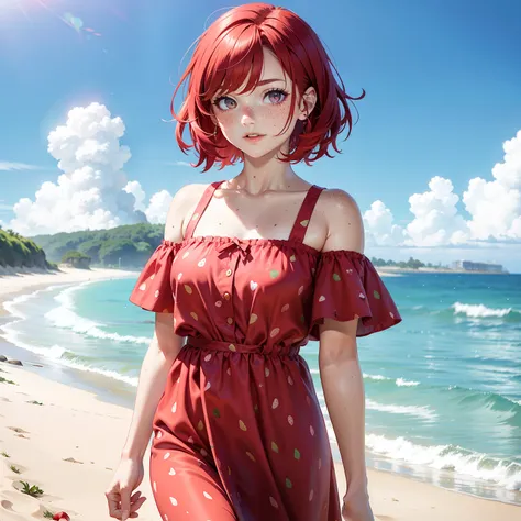 Red-haired 17-year-old girl with freckles on shoulders and face in a pink strawberry print dress walks along the shore of the beach