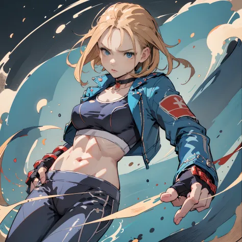 1girl in, Chibi、((Best Quality, high_resolution, Distinct_image)),(Golden hair), ( (Ahoge), (absurdly short hair), (Wavy Hair), (Blue eyes),frown.From the face.a very cute、mideum breasts、Cammy white, Short hair, Antenna Hair, Blue eyes, scar on cheeks, Lar...