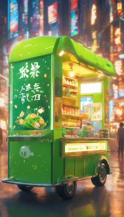 Lovely coffee cart，Inspired by:：Wuling Hongguang mini car，There are various coffee machines on board，Fancy green，high detal，32K Ultra HD，industrial design，Product design，white backgrounid，white environment，Studio light，Ultra photo realsisim，detail-rich，sid...