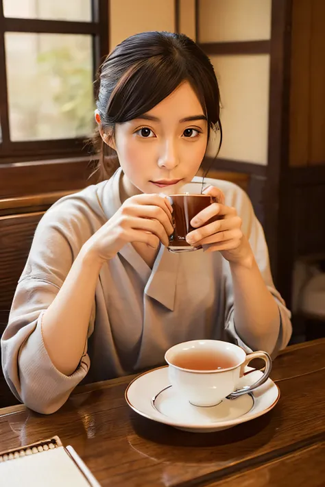 Please draw a Japanese person drinking tea.Please draw it in a realistic way like the photo.