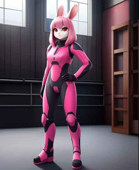 Superbunnaiter the female pink rabbit, pink fur, pink hair, scarlet eyes, Holland lop, full body view, live action style, black and grey exosuit