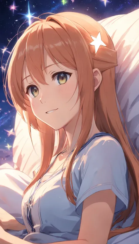 Asuna, Asuna_(As estrelas), 1girll, fantasy, A high resolution,  Looking_away, Looking_To_The_Side,  Original, Realistic,   scenery,  Close-up, The upper part of the body_Body, Smiling, actionpose,On_Bed,