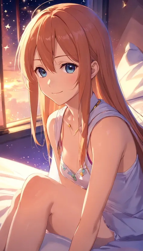 Asuna, Asuna_(As estrelas), 1girll, fantasy, A high resolution,  Looking_away, Looking_To_The_Side,  Original, Realistic,   scenery,  Close-up, The upper part of the body_Body, Smiling, actionpose,On_Bed,