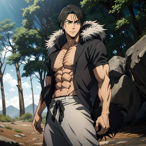 Muscular Male, buff, Toji Fushigoro, Fushigoro, Toji, Fushigoro Toji, powerful, shirtless, standing in a forest, clinging onto a tree, smiling, murderous intent, pure white eyes, no pupil, no pupils, buff, strong, long black pants, no shoes, sharp fingerna...