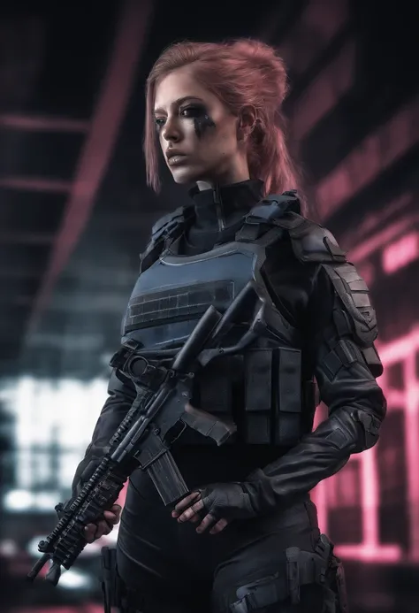 Beautiful Young Special Forces Girl, (((Blue Eyes, Brown and Pink Hair, Ponytail))), (((Wearing black special forces equipment, Body Armour, Tactical Gear, Half Face Tactical Mask))), (((Gun in hand))), full bodyshot, Cyberpunk, neonlight, Futuristic, surr...