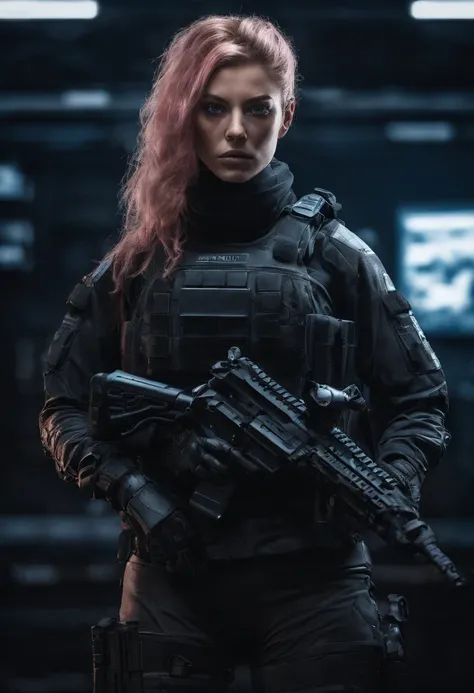 Beautiful Young Special Forces Girl, (((Blue Eyes, Brown and Pink Hair, Ponytail))), (((Wearing black special forces equipment, Body Armour, Tactical Gear, Half Face Tactical Mask))), (((Gun in hand))), full bodyshot, Cyberpunk, neonlight, Futuristic, surr...