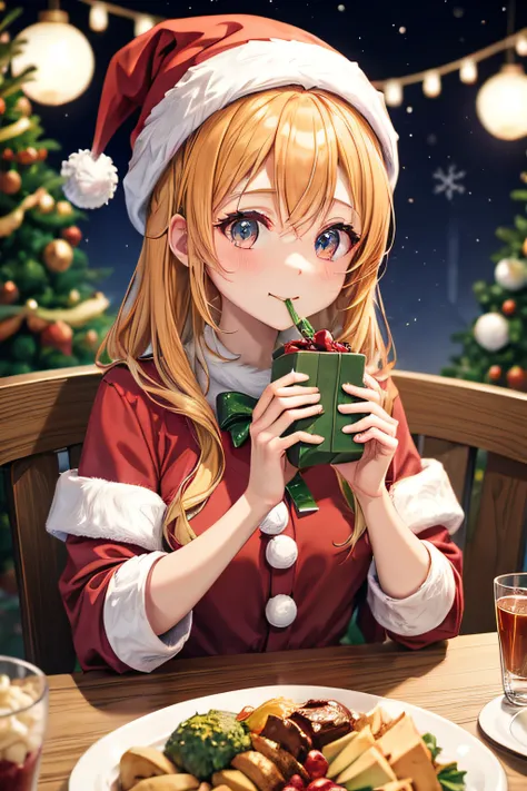 Christmas,Anime style,A girl,Eating Christmas dinner